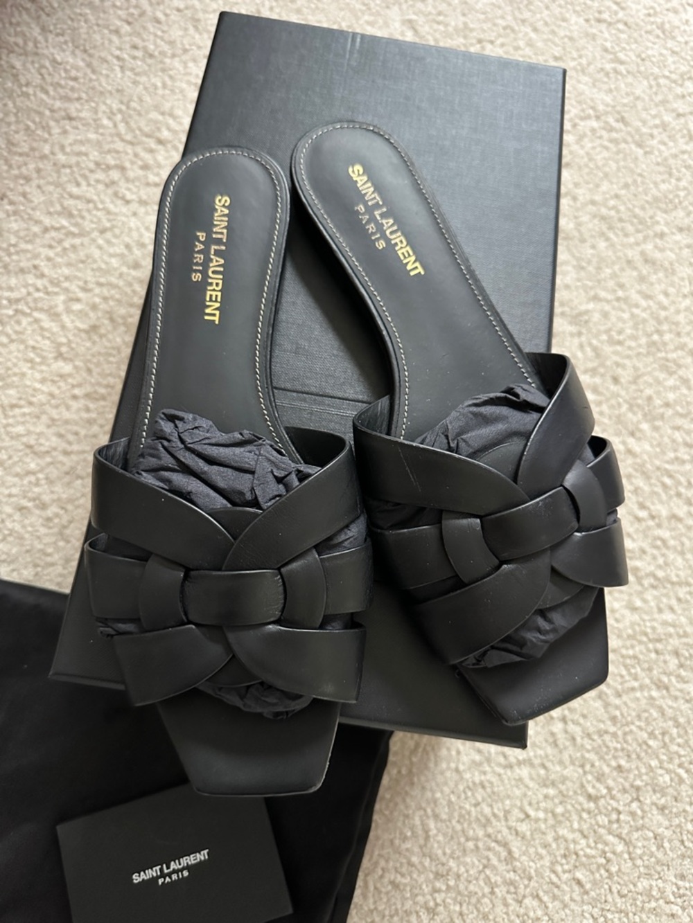 Saint Laurent Black Braided Leather Slide Mules